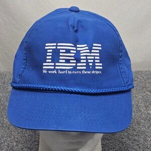 IBM Rope Hat Adjustable Click Snap Blue Logo Braided Brim Vintage Tech Nostalgia